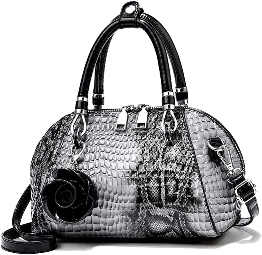 ® Women Handbag Snake Print Shoulder Bag Crocodile Leather Top Handle Handbag Rose Pendant Purse