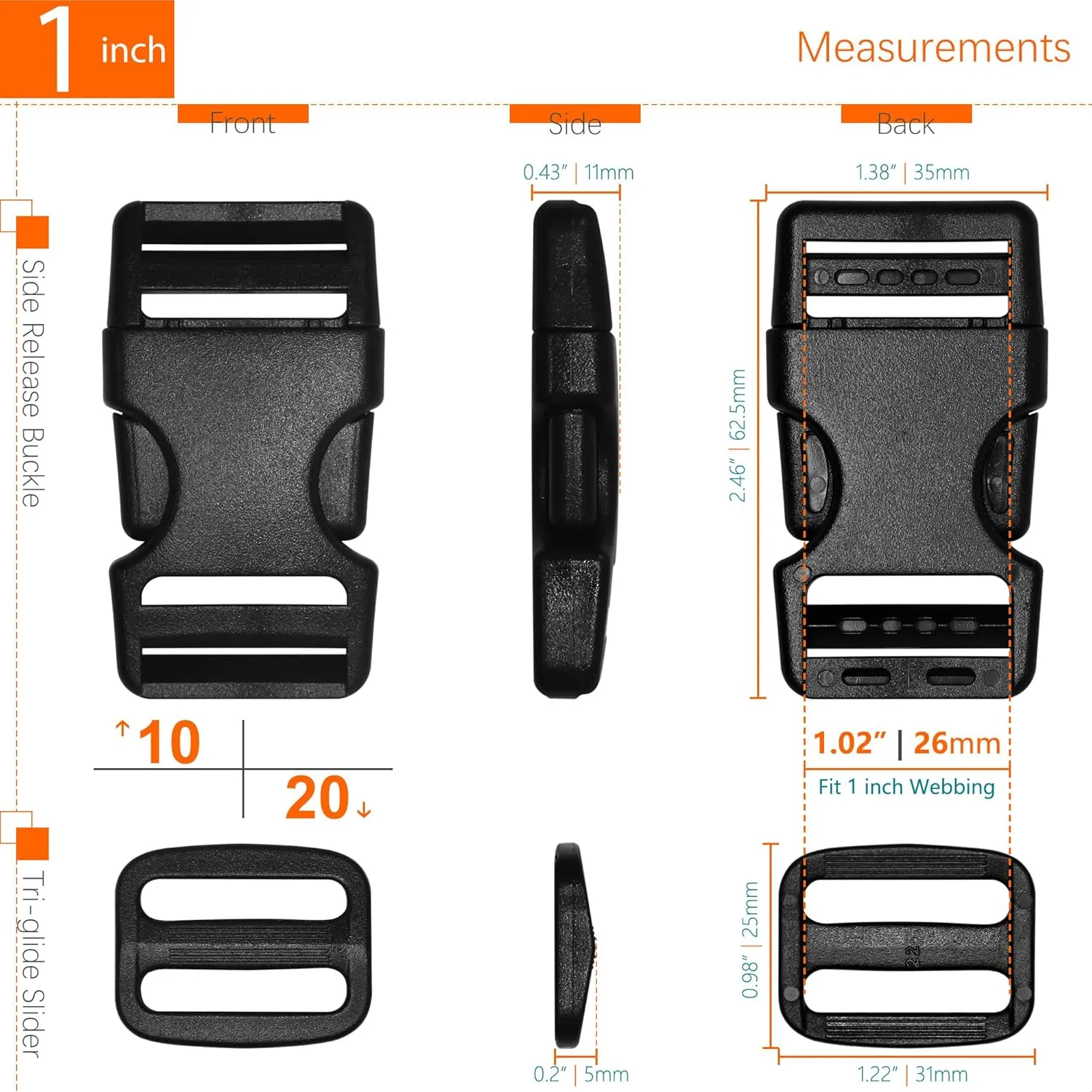 1 inch Straps and Buckles Set: 12 yard Nylon Webbing Strap 1" Wide, 10 pack Side Release Plastic Buckle, 20 pcs Tri-glide Slide Clip, Heavy Duty Quick Snap Fastener Dual Adjustable No Sewing Required