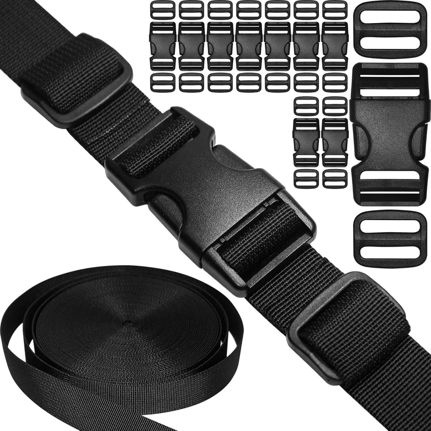 1 inch Straps and Buckles Set: 12 yard Nylon Webbing Strap 1" Wide, 10 pack Side Release Plastic Buckle, 20 pcs Tri-glide Slide Clip, Heavy Duty Quick Snap Fastener Dual Adjustable No Sewing Required