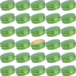 1 oz / 30ml Screw Top Aluminum Tin Jar with Screw Lid and Blank Labels (Green - Pack of 32)