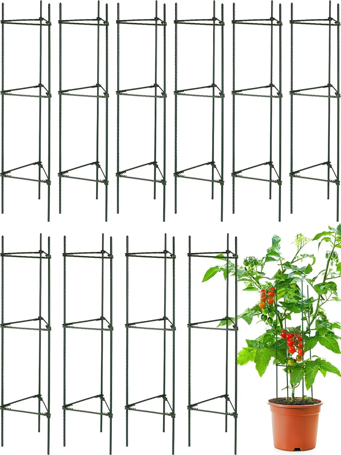 10 Packs Tomato Cages for Garden Support Up to 48" Tomato Plant Stakes Support with Adjustable Snap Arms Clips Plastic Coated Alloy for Outdoor Beans Potted Climbing Plant Supplies(Green)