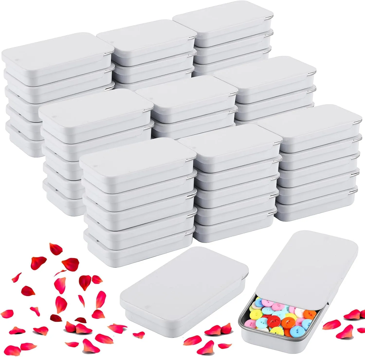 100 Pack Mini Tin Box Small Tin Containers with Slide Top Lids, Empty Mini Metal Tins with Lids for Storage Candies, Jewelry, Crafts, Pills, 2.36 X 1.3 X 0.4 (White)
