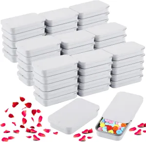 100 Pack Mini Tin Box Small Tin Containers with Slide Top Lids, Empty Mini Metal Tins with Lids for Storage Candies, Jewelry, Crafts, Pills, 2.36 X 1.3 X 0.4 (White)
