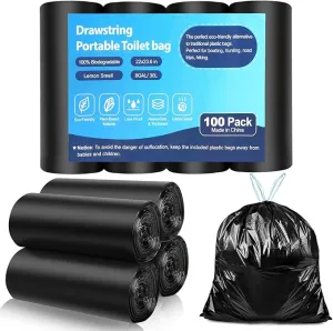 100 Portable Toilet Bags, Drawstring Biodegradable Camping Potty Bags 8 Gallon Waste Bags for 5-8 Gallon Bucket Toilet Adults Outdoor Camping Car