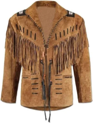 100% Real Suede Western Style Leather Jacket for Sale Native American Coat Fringe (3XL, Design 3)
