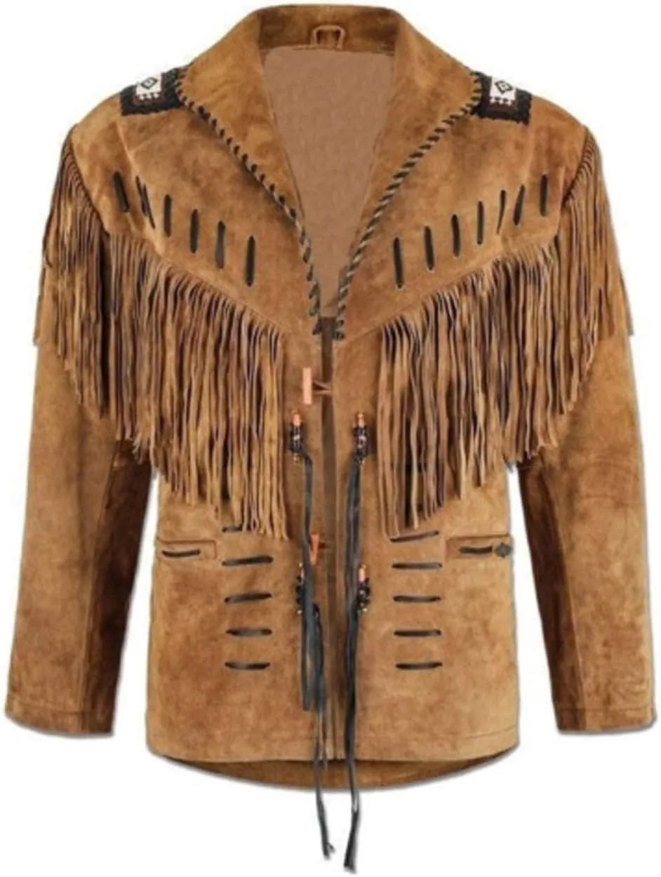 100% Real Suede Western Style Leather Jacket for Sale Native American Coat Fringe (3XL, Design 3)