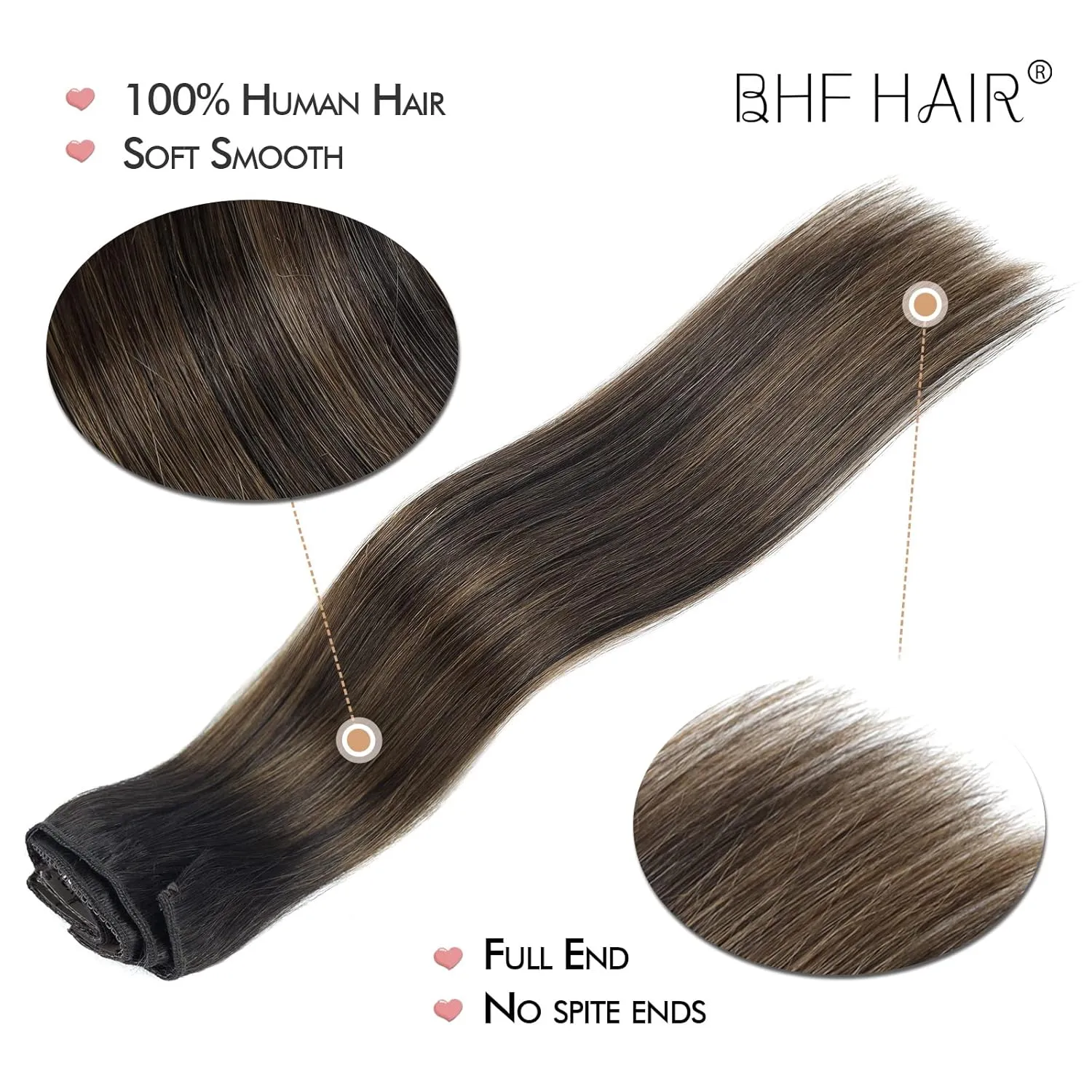 14" Clip in Remy Human Hair Extensions Balayage Dark Brown to Maroon Brown Human Hair Extensions, Double Weft Thickness to Ends, 100% Female Extensions, 6 Pack 70g / 2.45oz.