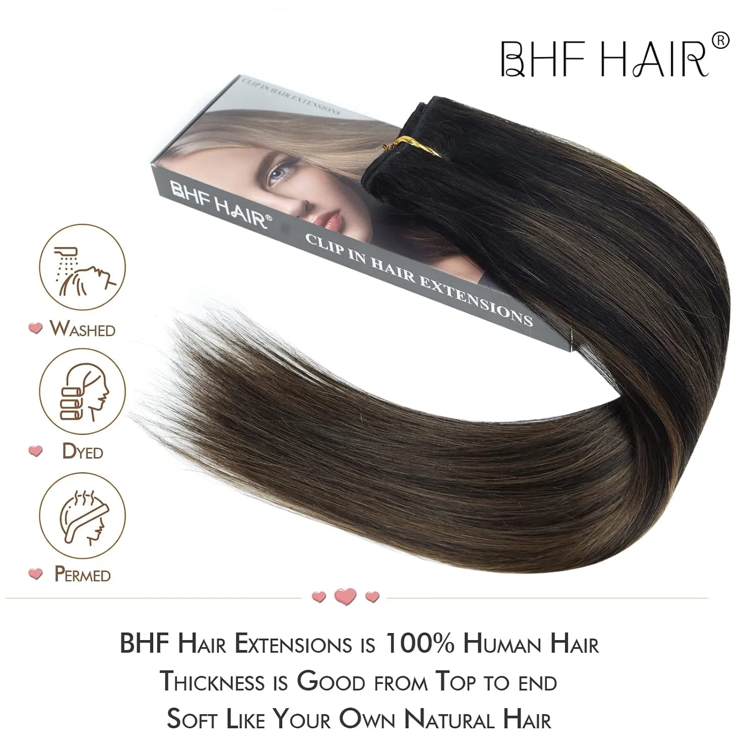 14" Clip in Remy Human Hair Extensions Balayage Dark Brown to Maroon Brown Human Hair Extensions, Double Weft Thickness to Ends, 100% Female Extensions, 6 Pack 70g / 2.45oz.