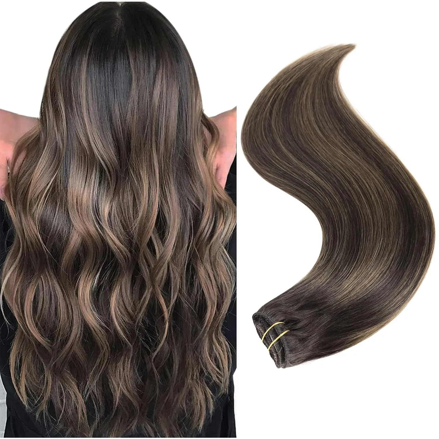 14" Clip in Remy Human Hair Extensions Balayage Dark Brown to Maroon Brown Human Hair Extensions, Double Weft Thickness to Ends, 100% Female Extensions, 6 Pack 70g / 2.45oz.