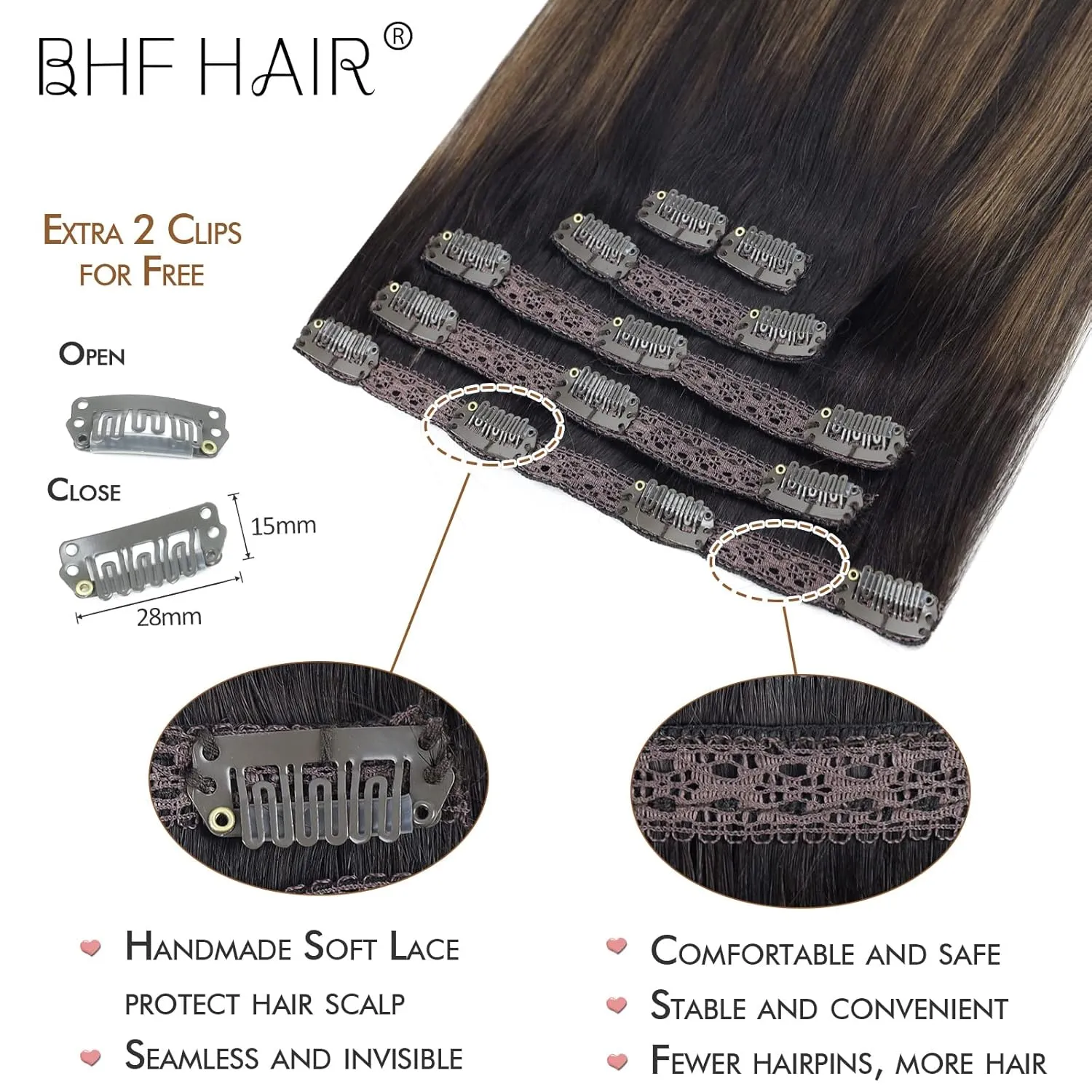 14" Clip in Remy Human Hair Extensions Balayage Dark Brown to Maroon Brown Human Hair Extensions, Double Weft Thickness to Ends, 100% Female Extensions, 6 Pack 70g / 2.45oz.