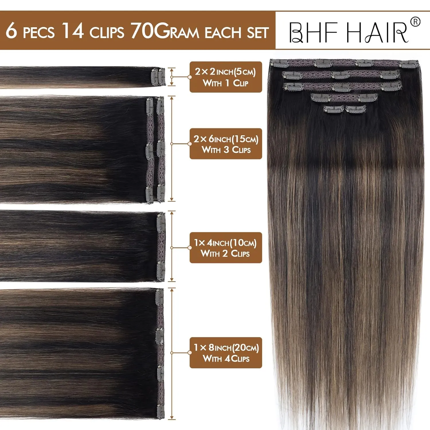 14" Clip in Remy Human Hair Extensions Balayage Dark Brown to Maroon Brown Human Hair Extensions, Double Weft Thickness to Ends, 100% Female Extensions, 6 Pack 70g / 2.45oz.