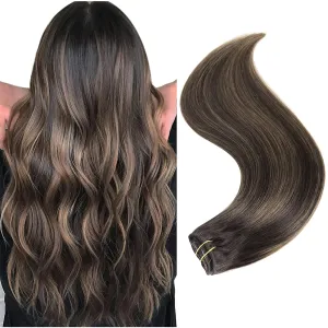 14" Clip in Remy Human Hair Extensions Balayage Dark Brown to Maroon Brown Human Hair Extensions, Double Weft Thickness to Ends, 100% Female Extensions, 6 Pack 70g / 2.45oz.