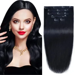 14" Remy Human Hair Clip in Extensions for Women Thick to Ends Jet Black(#1) 6 Pieces 70grams/2.45oz