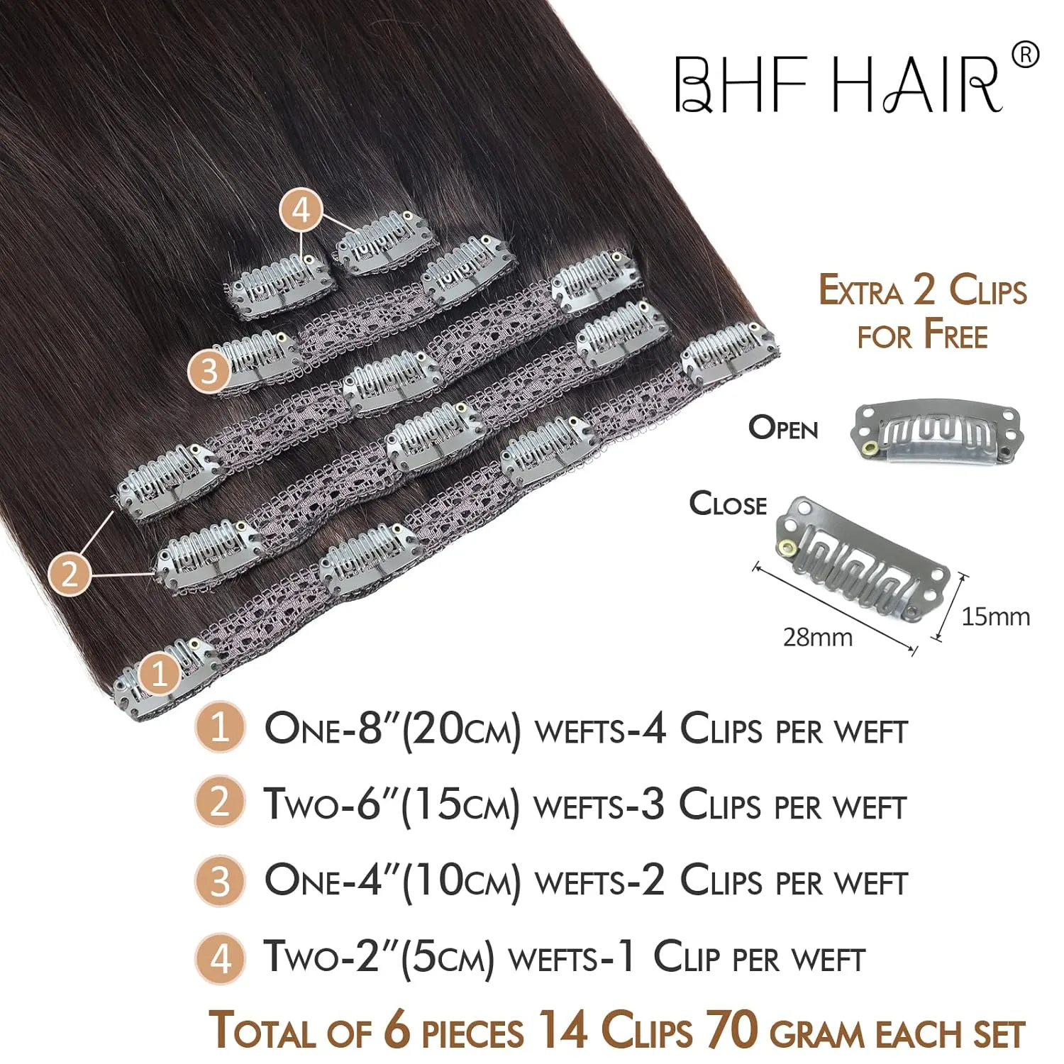 14"Remy Human Hair Clip in Extensions for Women Thick to Ends Dark Brown(#2) 6Pieces 70grams/2.45oz