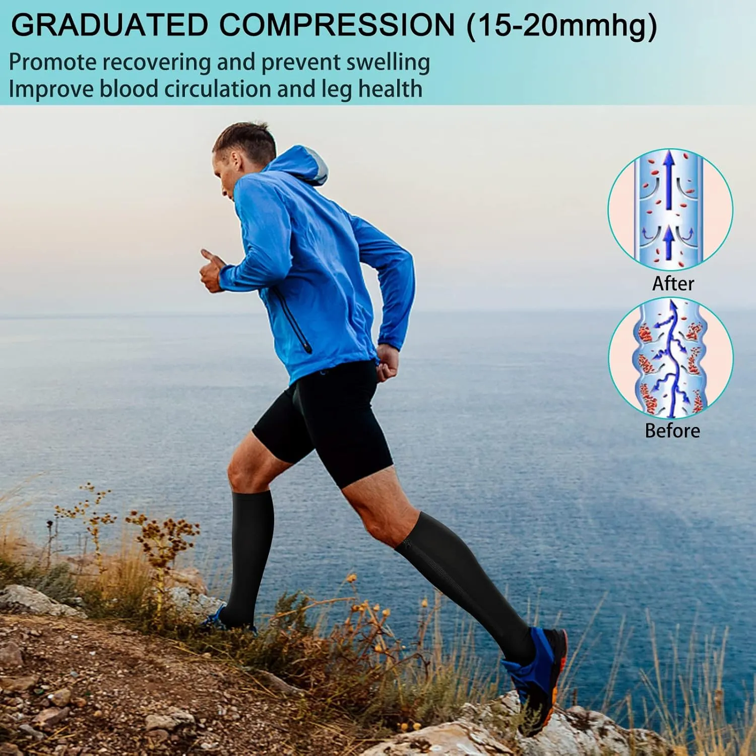 2 Pairs Zipper Compression Socks, 15-20 mmHg Closed Toe Compression Stocking with Zipper for Women and Men