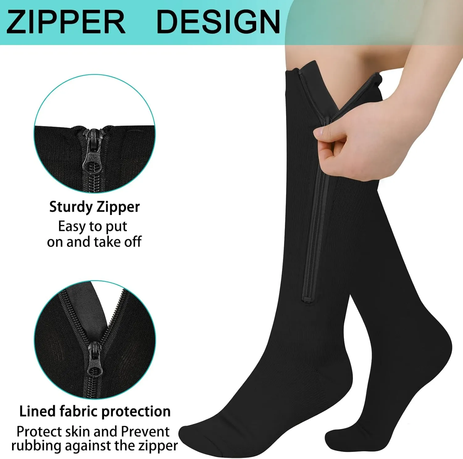 2 Pairs Zipper Compression Socks, 15-20 mmHg Closed Toe Compression Stocking with Zipper for Women and Men