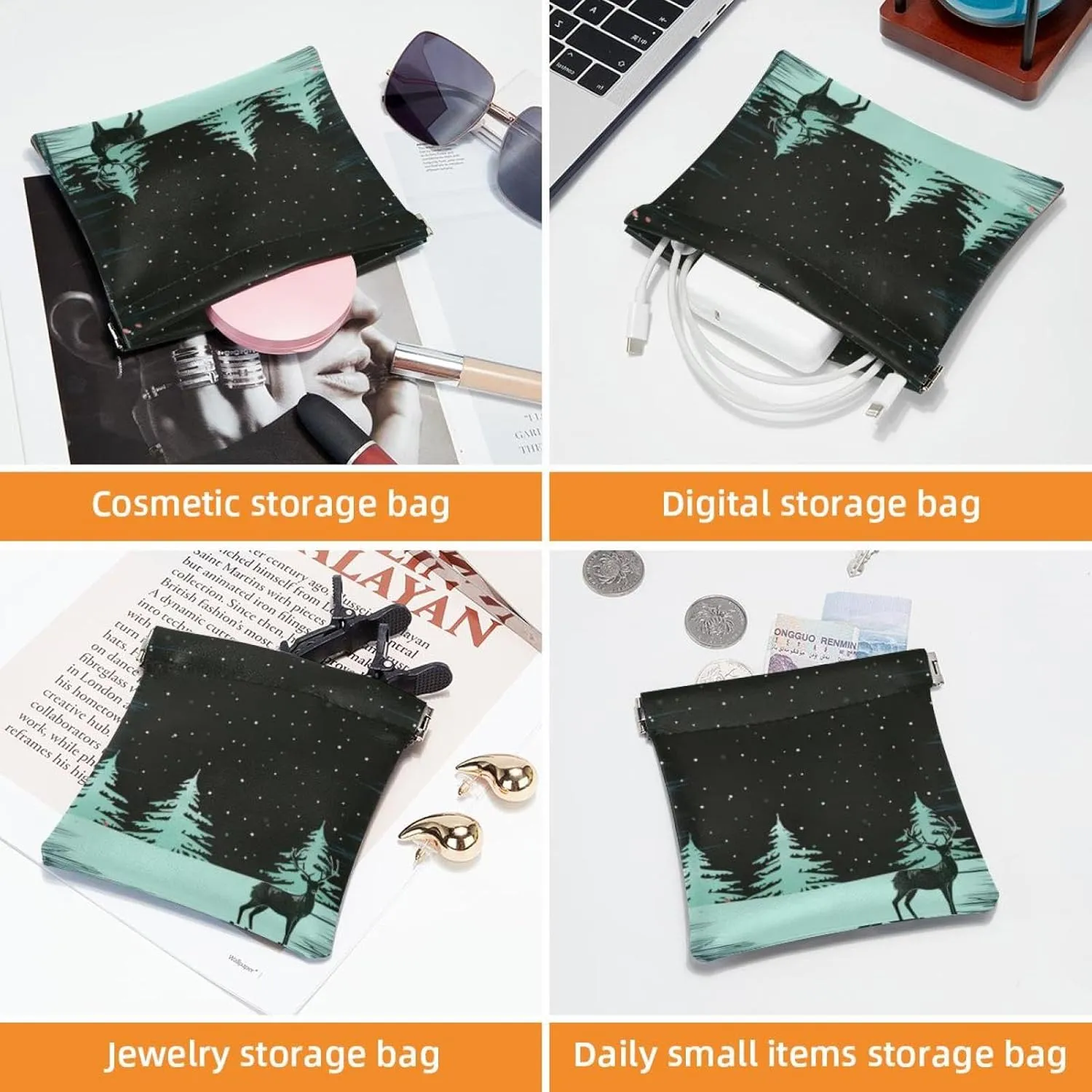 2 PCS Faux Leather Pocket Box, Small Travel Kit Storage Pouch, Mini Makeup Bag, Mini Pocket Makeup Bag for Lipstick, Christmas Elk