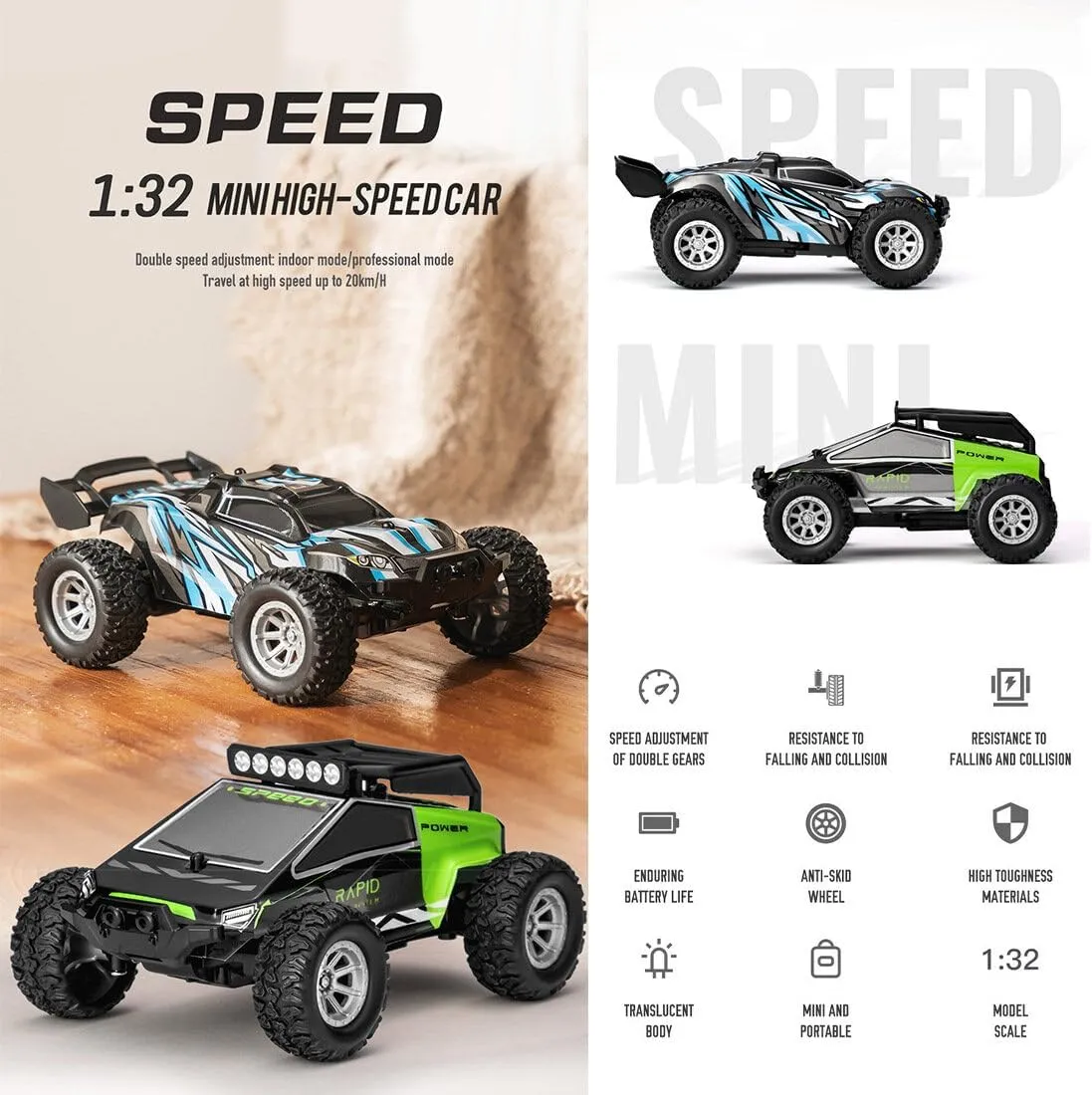 2.4G RC Mini Drift Off-Road Vehicle, 1/32 Scale Top Speed 20KM/H RC High-Speed Electric All Terrain Off Road Truck Remote Control Car for Boys Adults - RTR Version/Blue