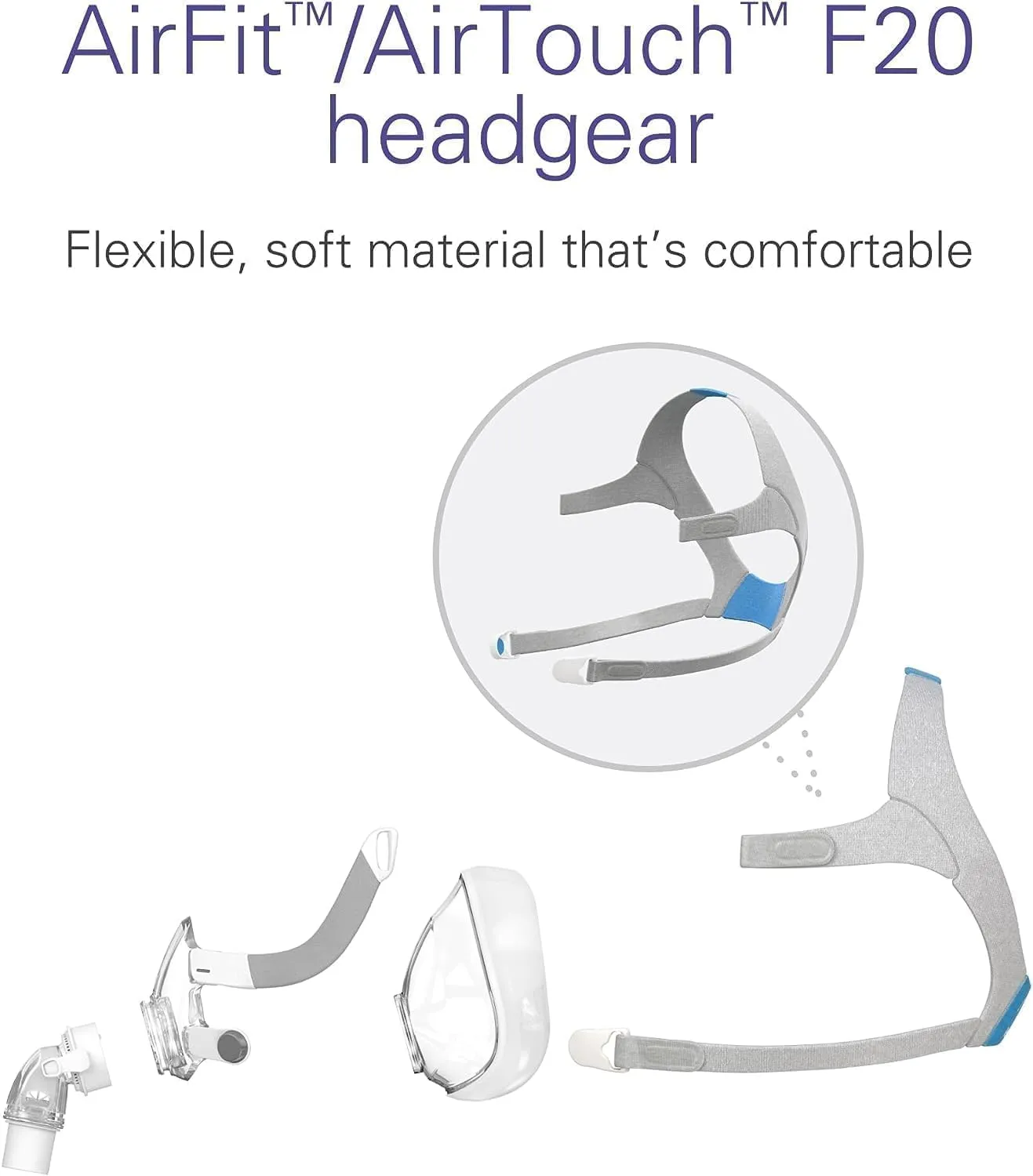 2PACK Fits Resmed AirFit F20 with magnetic clip, replacement headband, compatible with Resmed Aritouch Mask F20 - Soft plush straps for optimal fit and flexibility (Large), Blue
