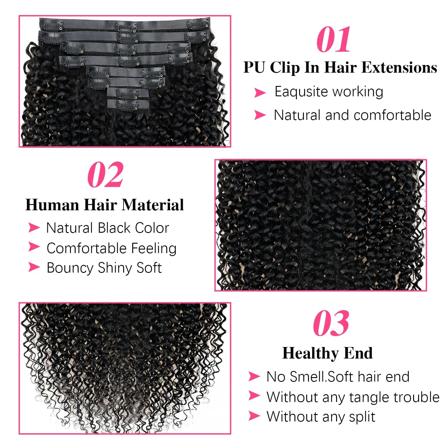 3C 4A Kinky Curly Clip Ins for Women Seamless PU Weft Curly Clip in Extension Human Hair Brazilian Remy Human Hair Natural Black Clip ins 8 Pcs with 18 Clips 120g/Set (12 inch)