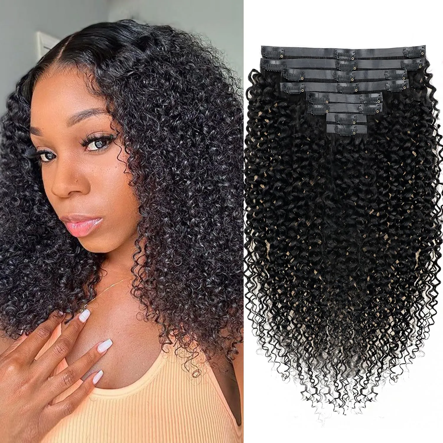 3C 4A Kinky Curly Clip Ins for Women Seamless PU Weft Curly Clip in Extension Human Hair Brazilian Remy Human Hair Natural Black Clip ins 8 Pcs with 18 Clips 120g/Set (12 inch)