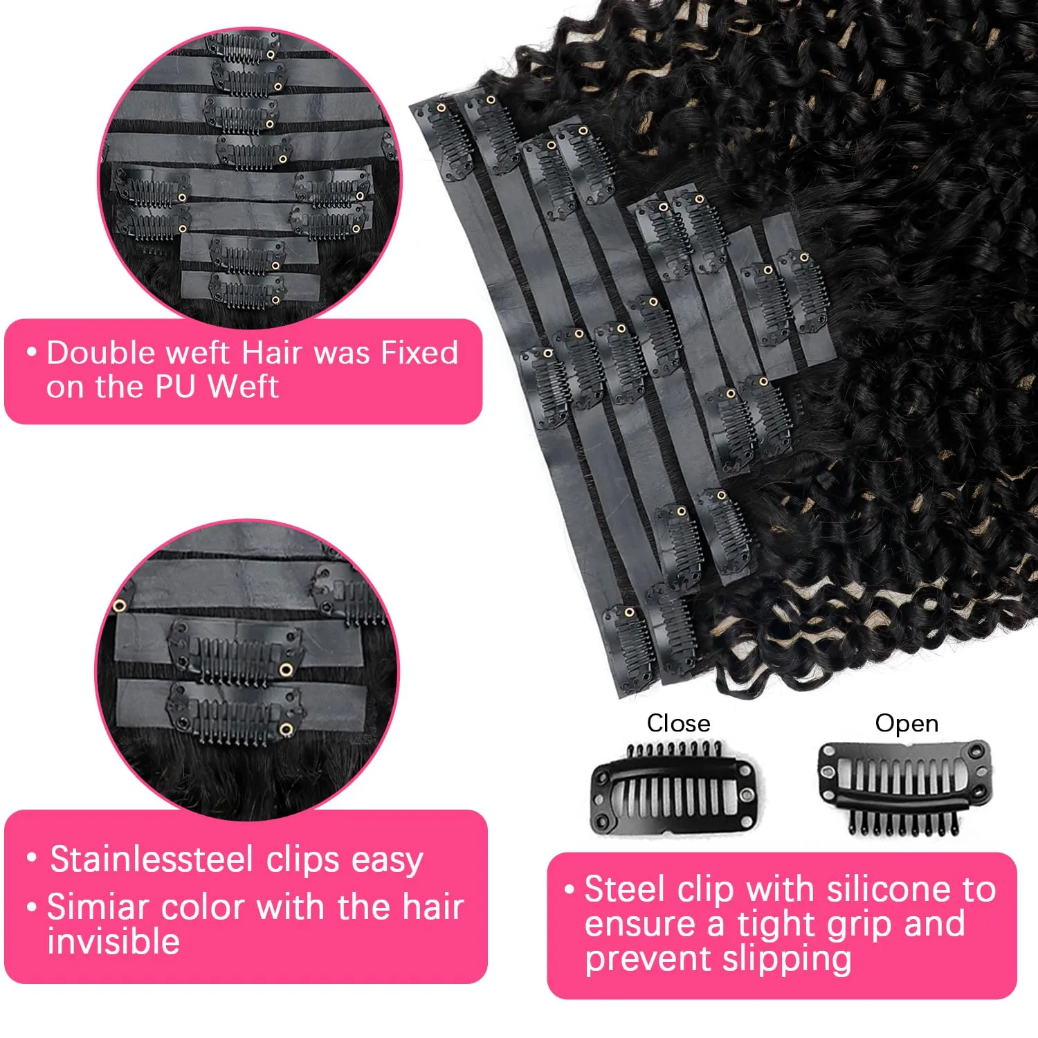 3C 4A Kinky Curly Clip Ins for Women Seamless PU Weft Curly Clip in Extension Human Hair Brazilian Remy Human Hair Natural Black Clip ins 8 Pcs with 18 Clips 120g/Set (12 inch)