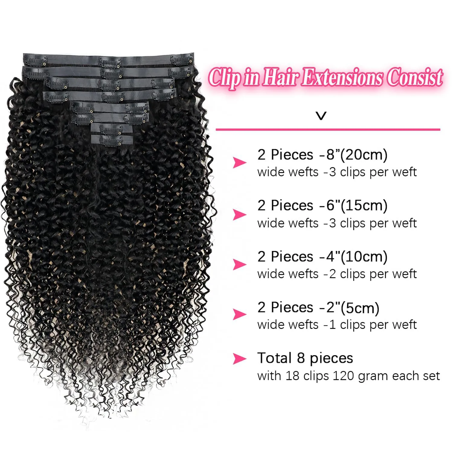 3C 4A Kinky Curly Clip Ins for Women Seamless PU Weft Curly Clip in Extension Human Hair Brazilian Remy Human Hair Natural Black Clip ins 8 Pcs with 18 Clips 120g/Set (12 inch)