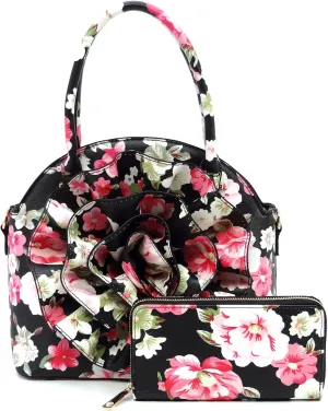 3D Flower Women Handbag and Matching Wallet Set Floral Printed Top Handle Purse 2PCS Set