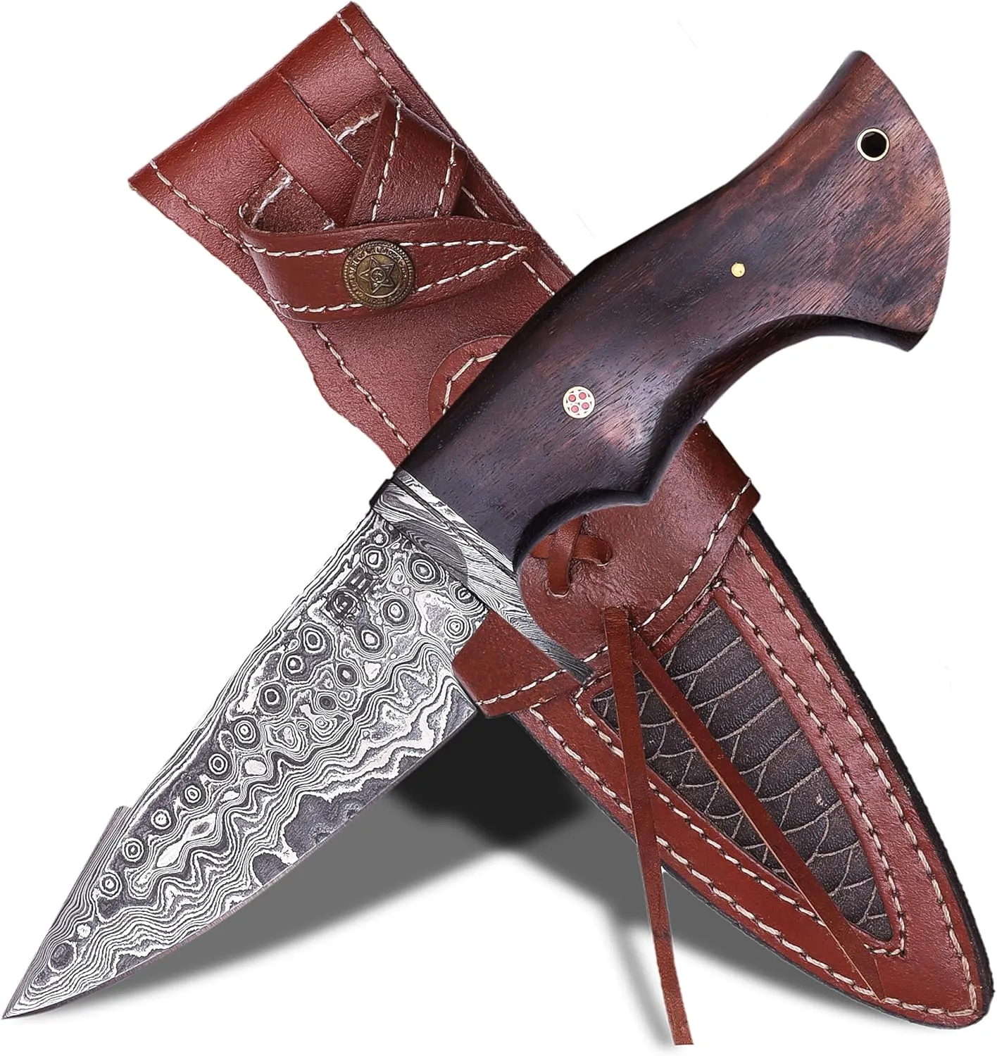 3S Safari Damascus Hunting Knife - Extremely beautiful Safari Damascus Hunter knife with Leather Sheath. Ideal for Skinning, Camping, and Outdoor Adventures, Elegant Rosewood Handle