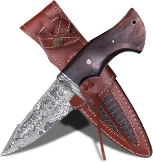 3S Safari Damascus Hunting Knife - Extremely beautiful Safari Damascus Hunter knife with Leather Sheath. Ideal for Skinning, Camping, and Outdoor Adventures, Elegant Rosewood Handle
