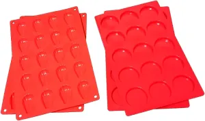 4 Pcs Set of 15 Cavity Mini Muffin Top (x2) and 20 Cavity Madeleine (x2) Baking Pan, Brownies, Keto Cheese Crisps, 2" diameter, 3/8" deep (Red - Muff-Mad)
