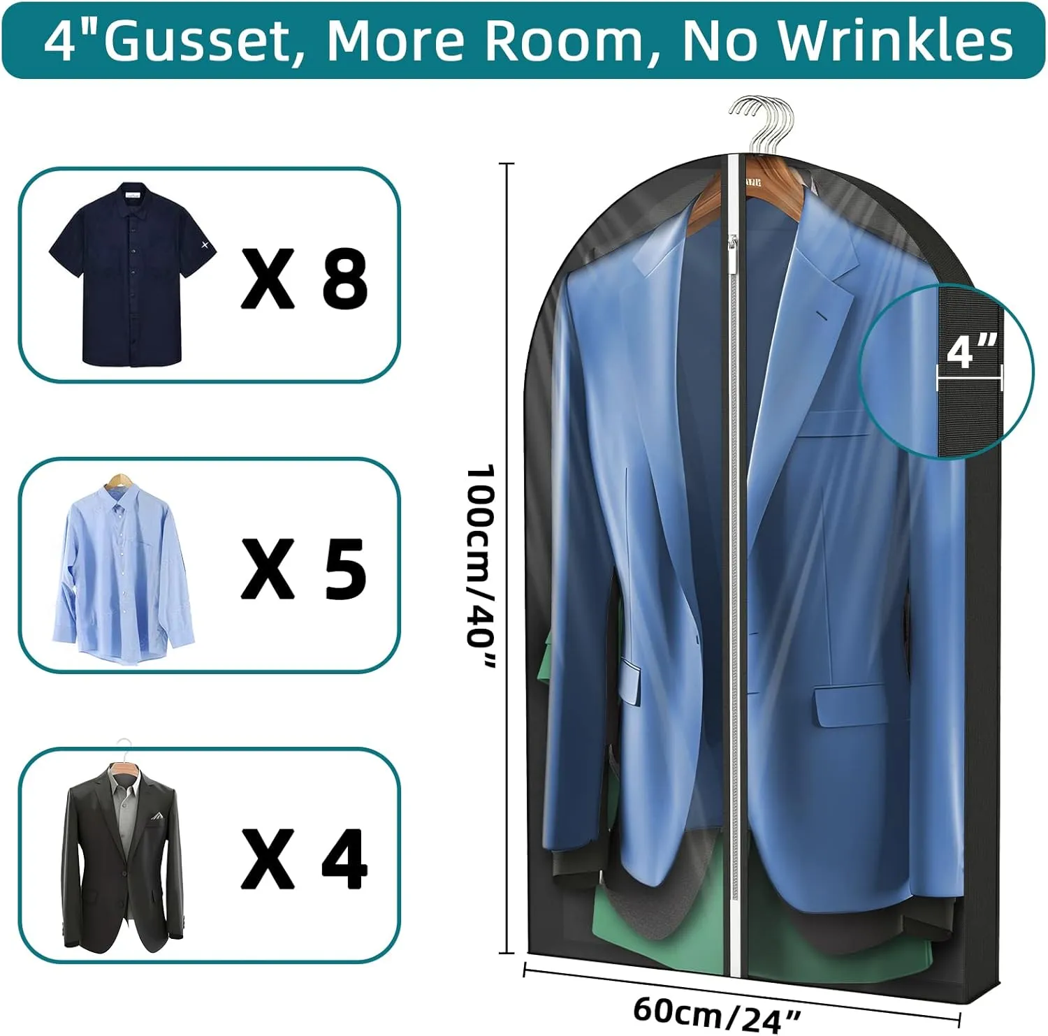 40" Clear Garment Bags with 4" Gussetes,Clothing Storage Bags for Coat, Dress, Jacket,Shirts,Moth Proof Suits Bags for Closet Storage Travel,5 Packs,Black
