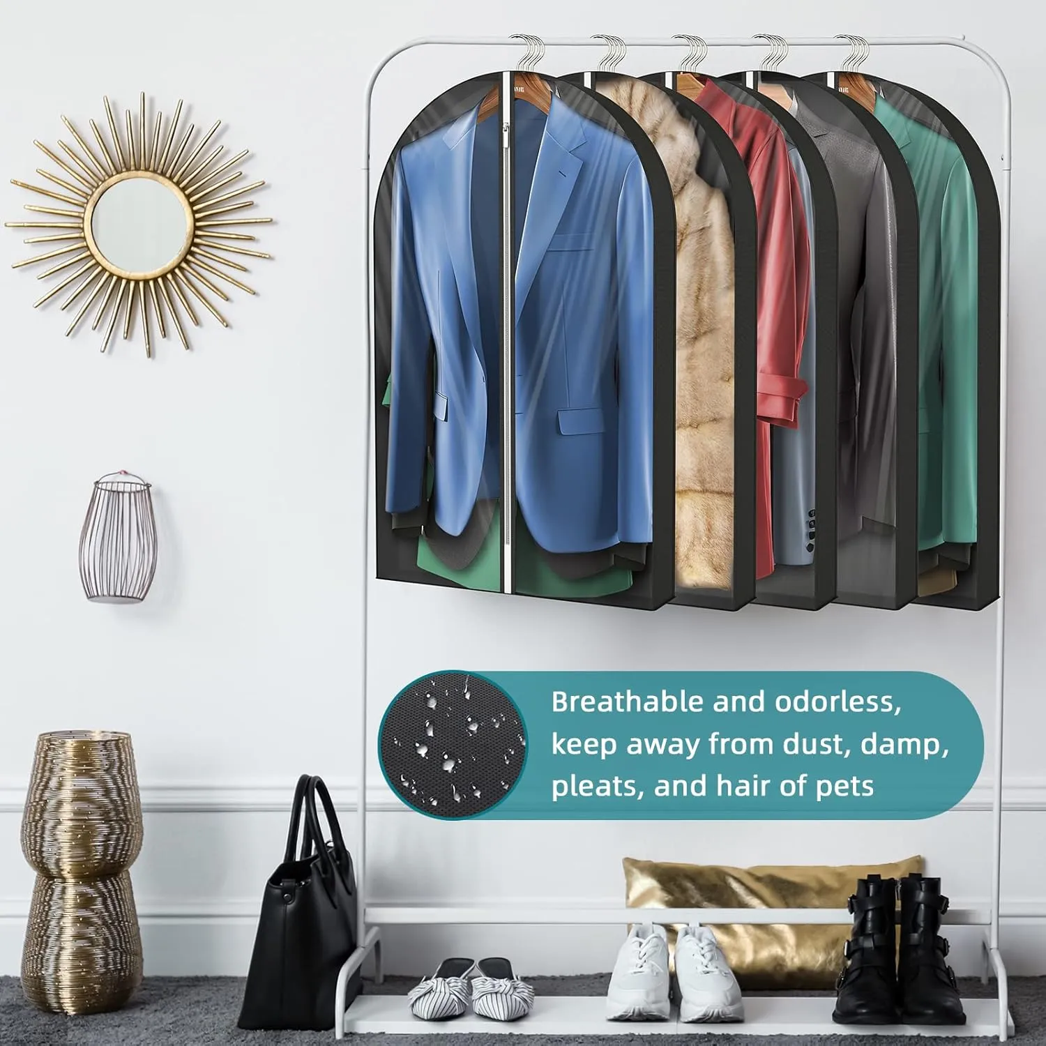 40" Clear Garment Bags with 4" Gussetes,Clothing Storage Bags for Coat, Dress, Jacket,Shirts,Moth Proof Suits Bags for Closet Storage Travel,5 Packs,Black
