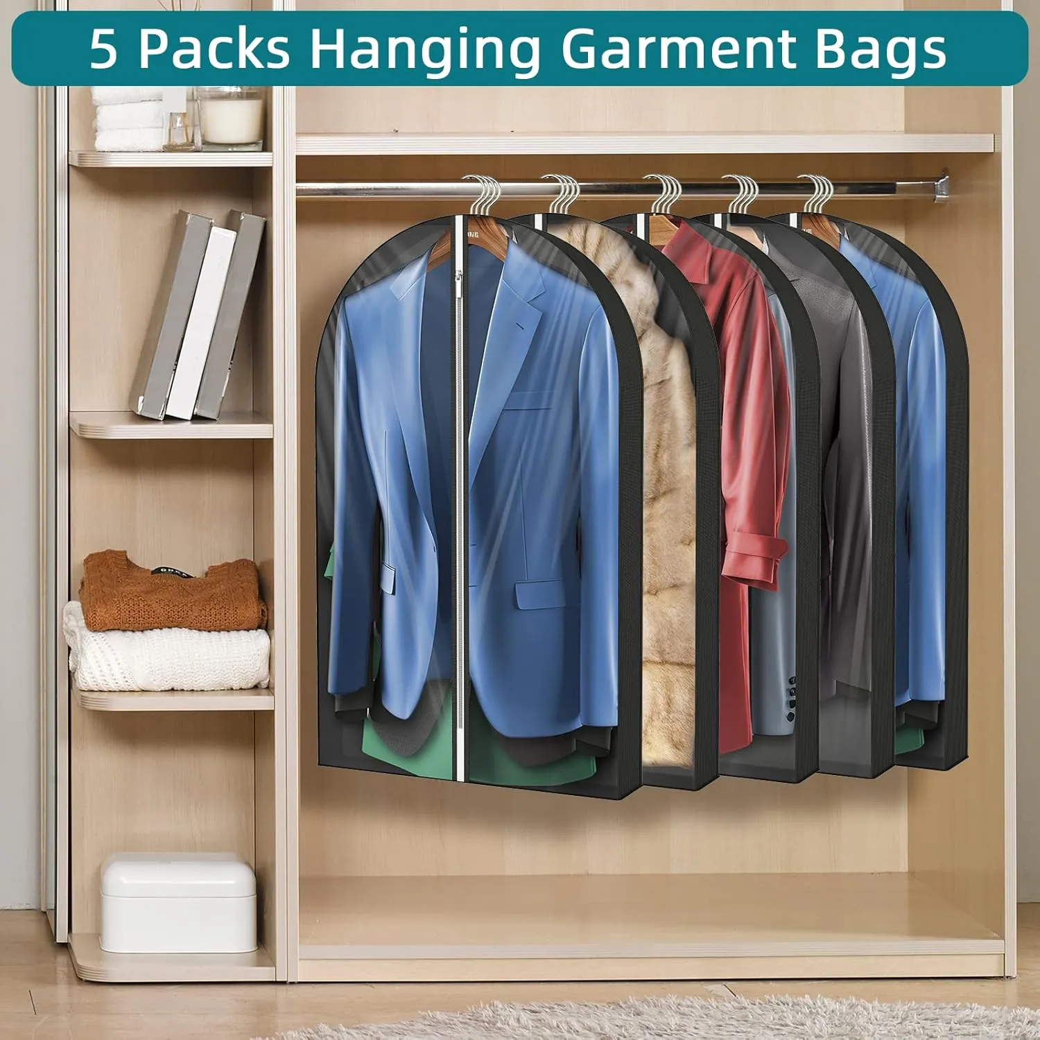 40" Clear Garment Bags with 4" Gussetes,Clothing Storage Bags for Coat, Dress, Jacket,Shirts,Moth Proof Suits Bags for Closet Storage Travel,5 Packs,Black