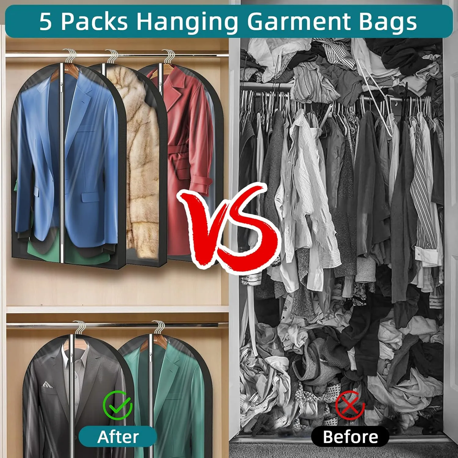 40" Clear Garment Bags with 4" Gussetes,Clothing Storage Bags for Coat, Dress, Jacket,Shirts,Moth Proof Suits Bags for Closet Storage Travel,5 Packs,Black