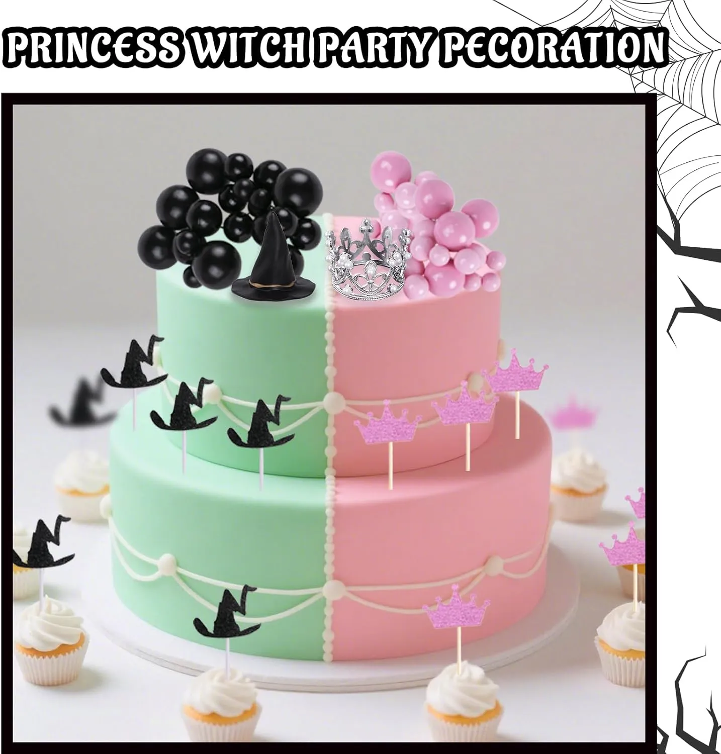 52 Pcs Witch Hat Crown Cake Decorations, Crown Cake Topper Pink Black Mini Foam Ball Witch Party Decoration for Birthday Party