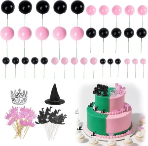 52 Pcs Witch Hat Crown Cake Decorations, Crown Cake Topper Pink Black Mini Foam Ball Witch Party Decoration for Birthday Party