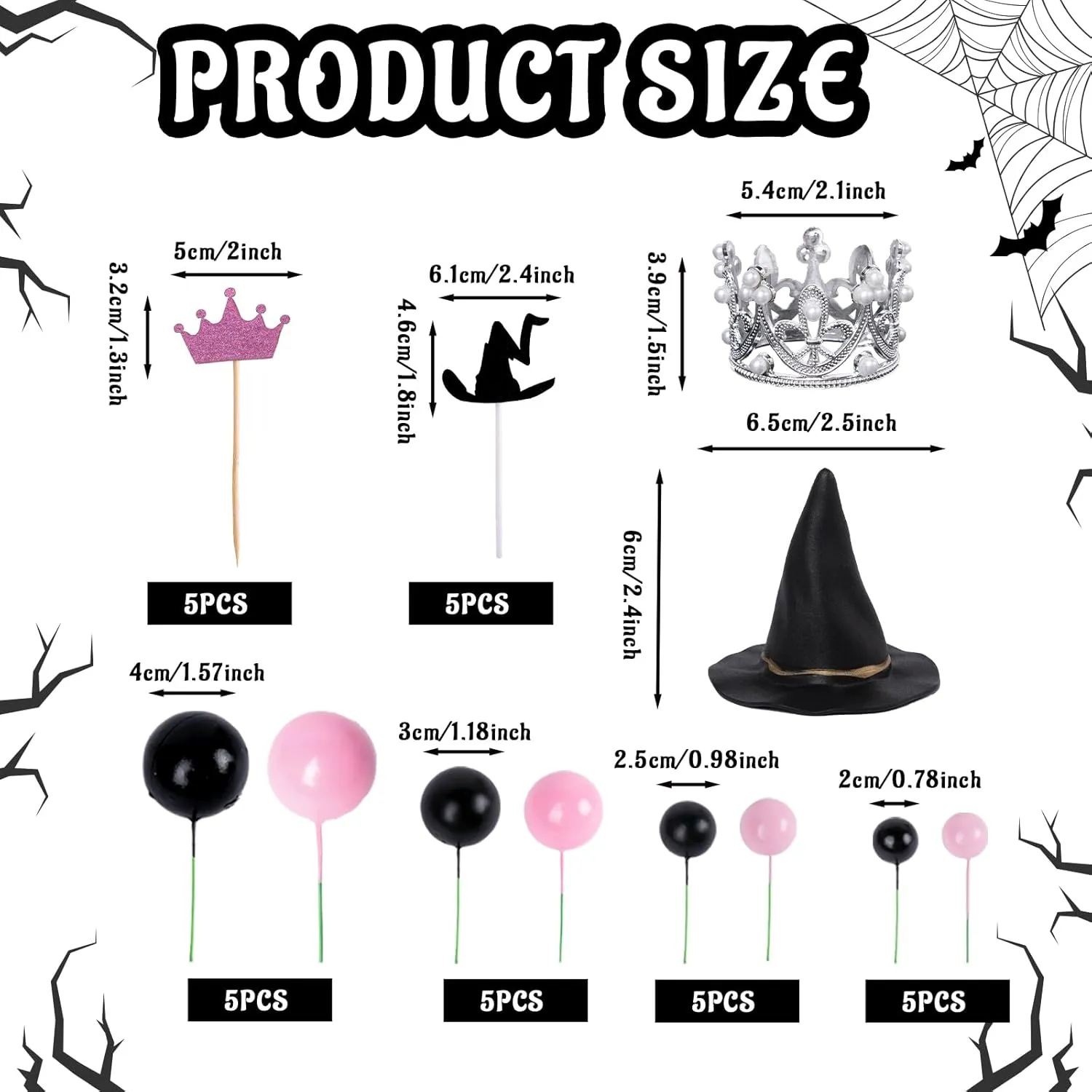 52 Pcs Witch Hat Crown Cake Decorations, Crown Cake Topper Pink Black Mini Foam Ball Witch Party Decoration for Birthday Party