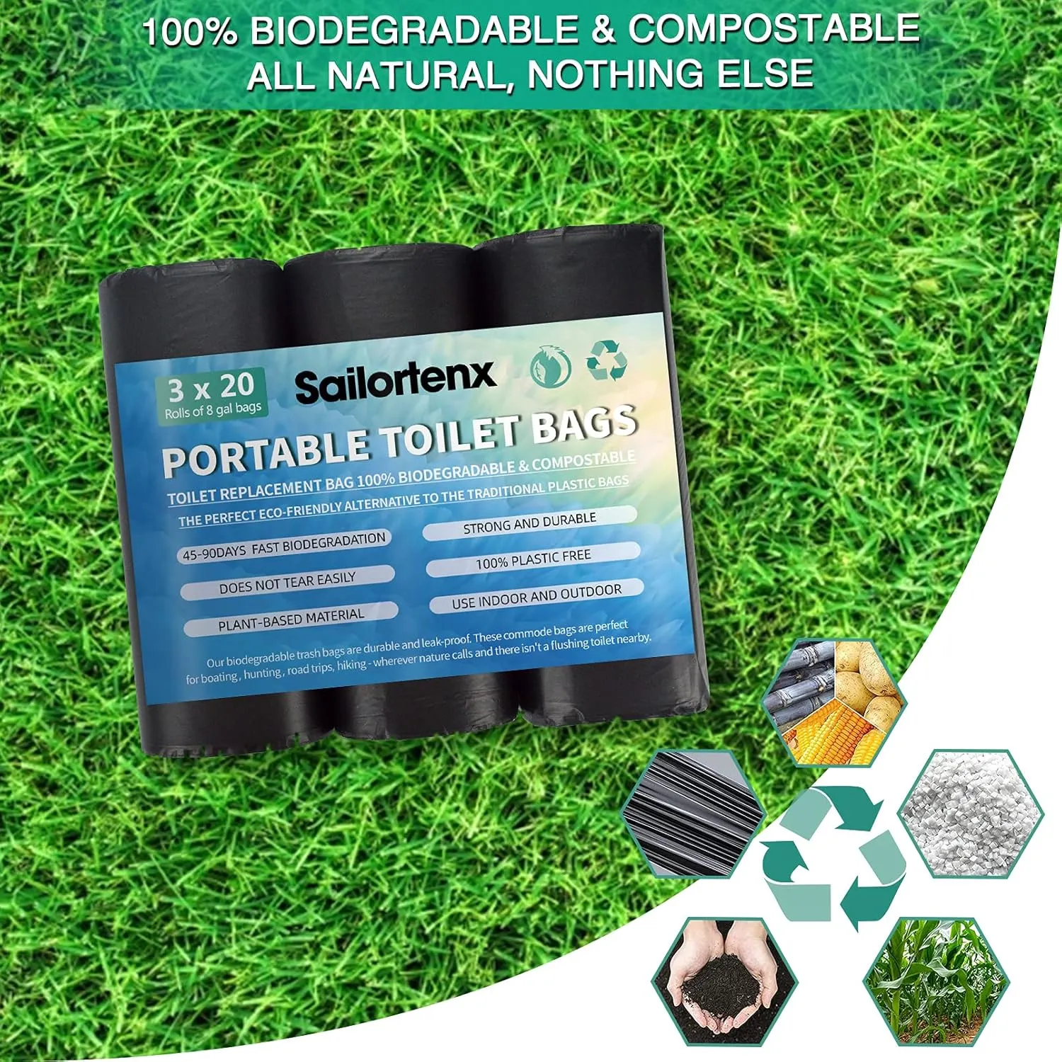 60 Count 8 Gallon Biodegradable Compostable Portable Toilet Bags, 100% Plant-Based, No Leaks, Disposable, Perfect for Camping, Hiking, Boating, Hunting
