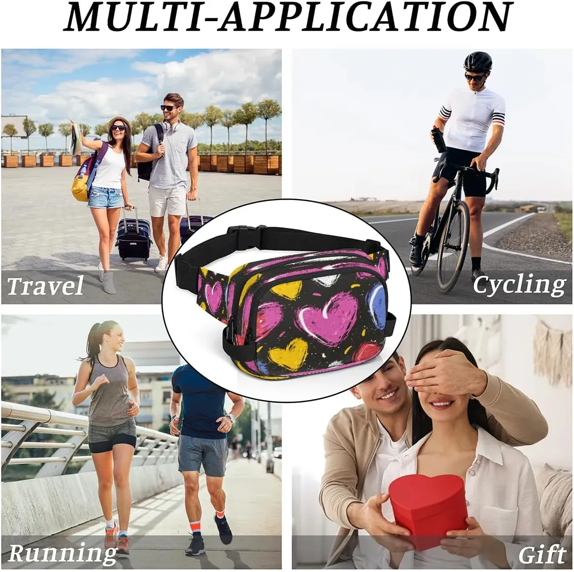 Abstraction Cute Heart Prints Fanny Packs for Women Men Waterproof Waist Bag with Adjustable Strap Belt Bag for Travel Running Hiking