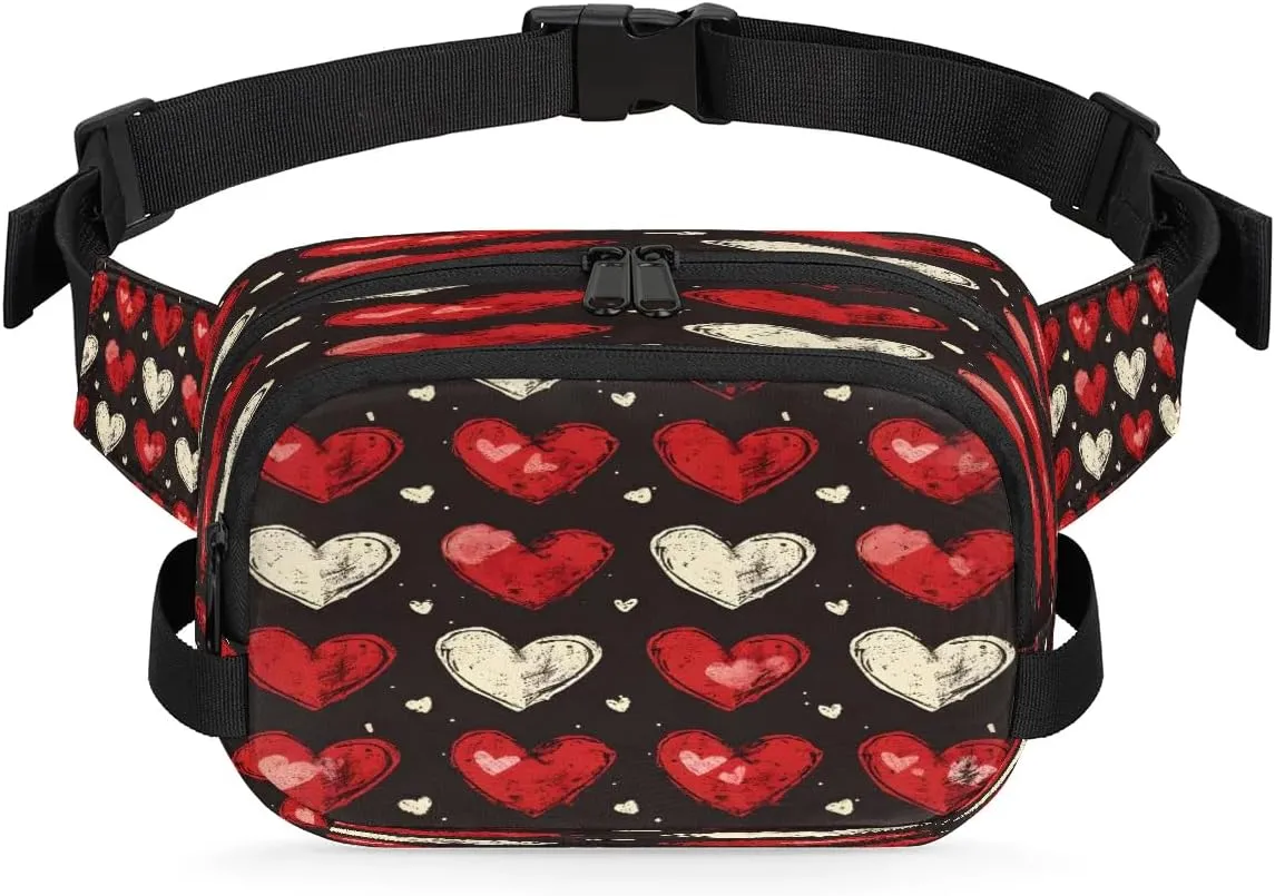 Abstraction Heart Retro Print Fanny Packs for Women Men Waterproof Waist Bag with Adjustable Strap Belt Bag for Travel Running Hiking