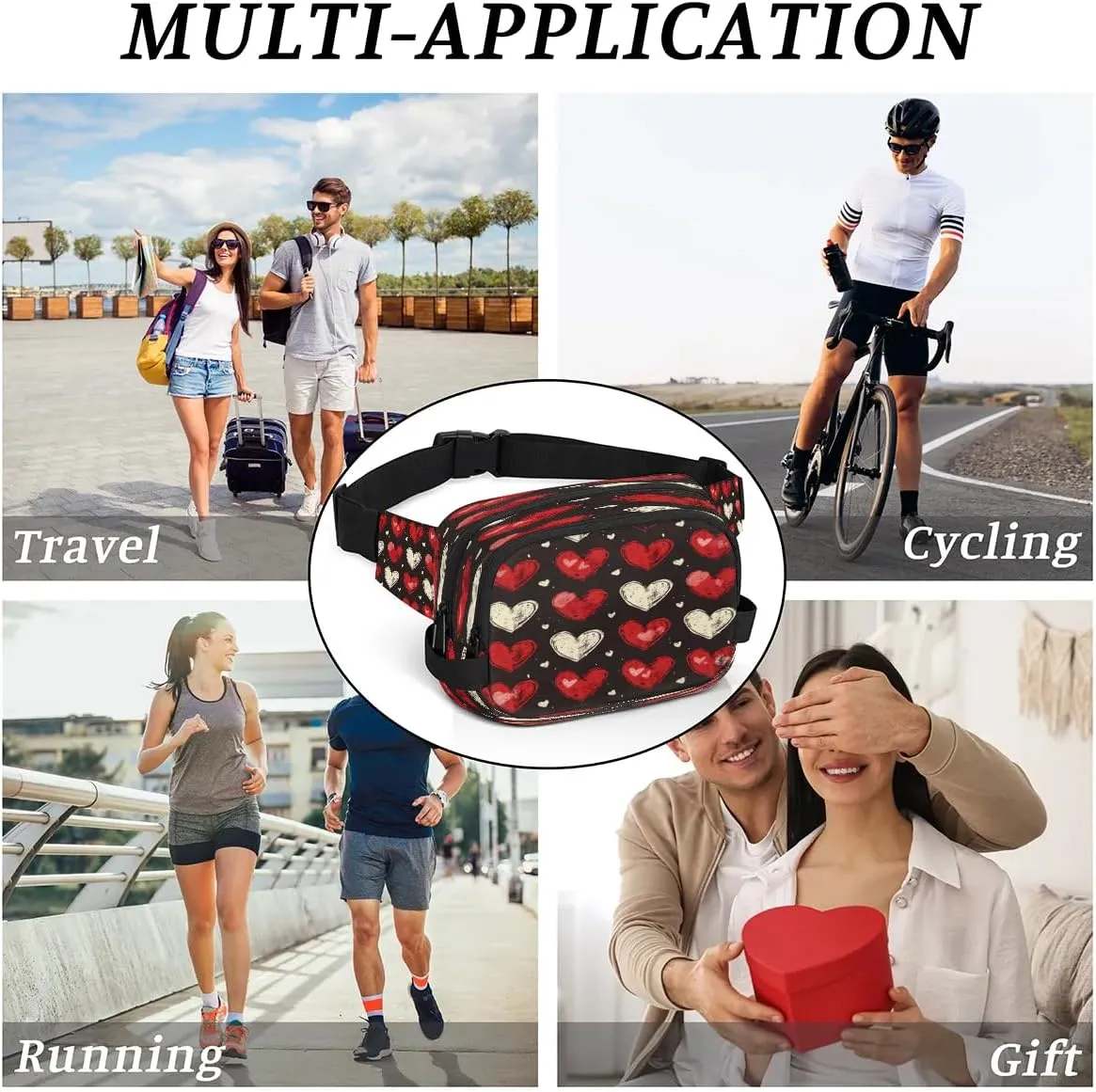 Abstraction Heart Retro Print Fanny Packs for Women Men Waterproof Waist Bag with Adjustable Strap Belt Bag for Travel Running Hiking