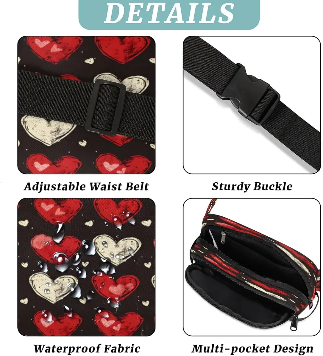 Abstraction Heart Retro Print Fanny Packs for Women Men Waterproof Waist Bag with Adjustable Strap Belt Bag for Travel Running Hiking