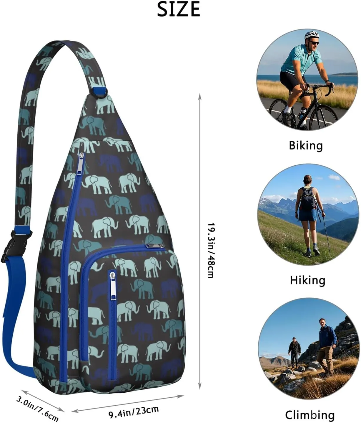 African Elephant Print Art Crossbody Bag Daypack for Women Men Lightweight Waterproof Sling Bag Backpack Hiking Cycling