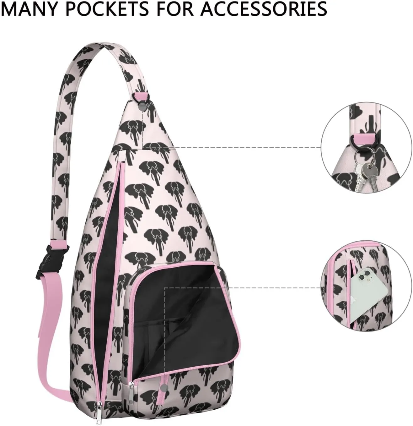 African Elephant Print Pink Background Crossbody Bag Daypack for Women Men Lightweight Waterproof Sling Bag Backpack Hiking Cycling