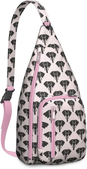 African Elephant Print Pink Background Crossbody Bag Daypack for Women Men Lightweight Waterproof Sling Bag Backpack Hiking Cycling