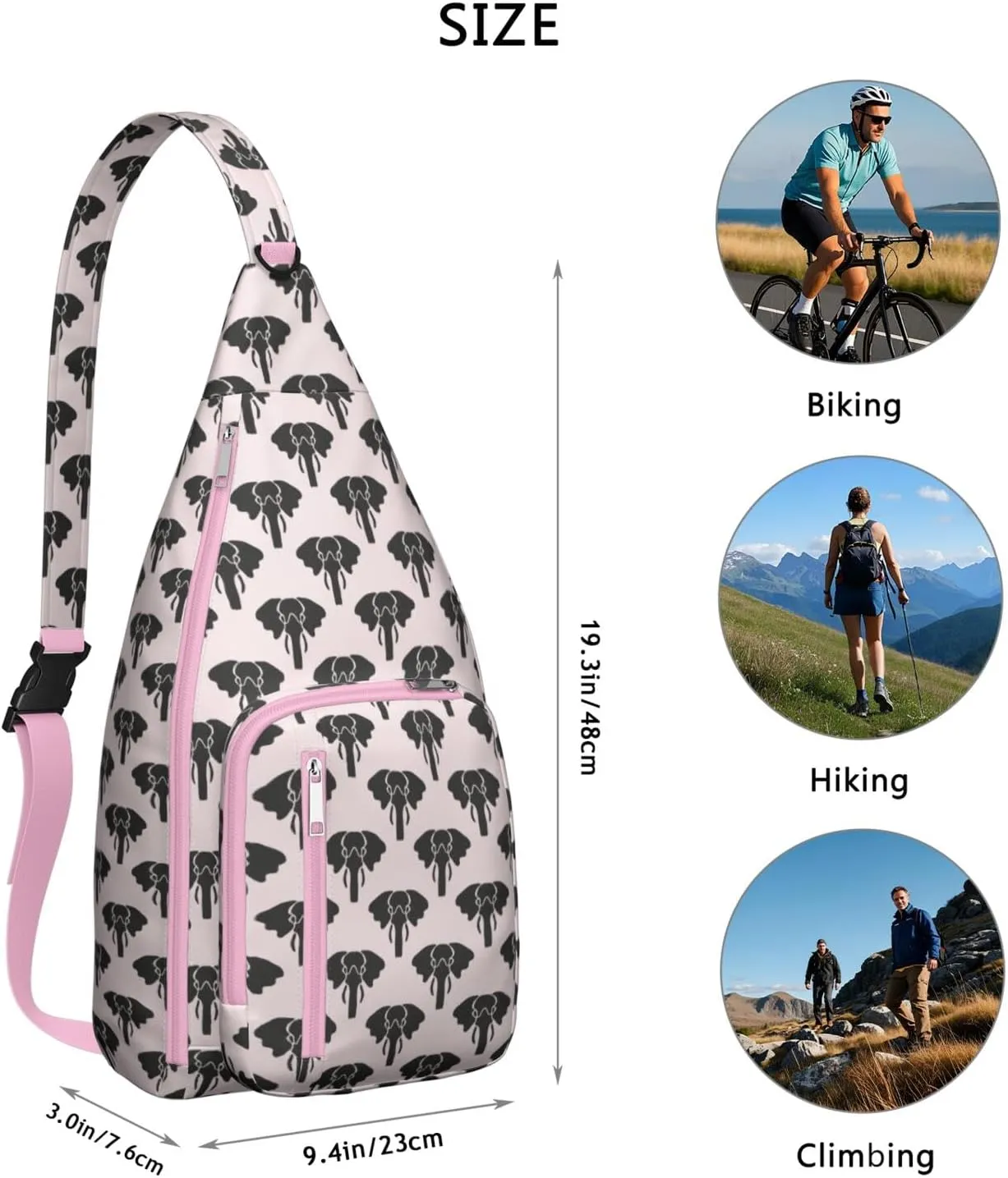 African Elephant Print Pink Background Crossbody Bag Daypack for Women Men Lightweight Waterproof Sling Bag Backpack Hiking Cycling