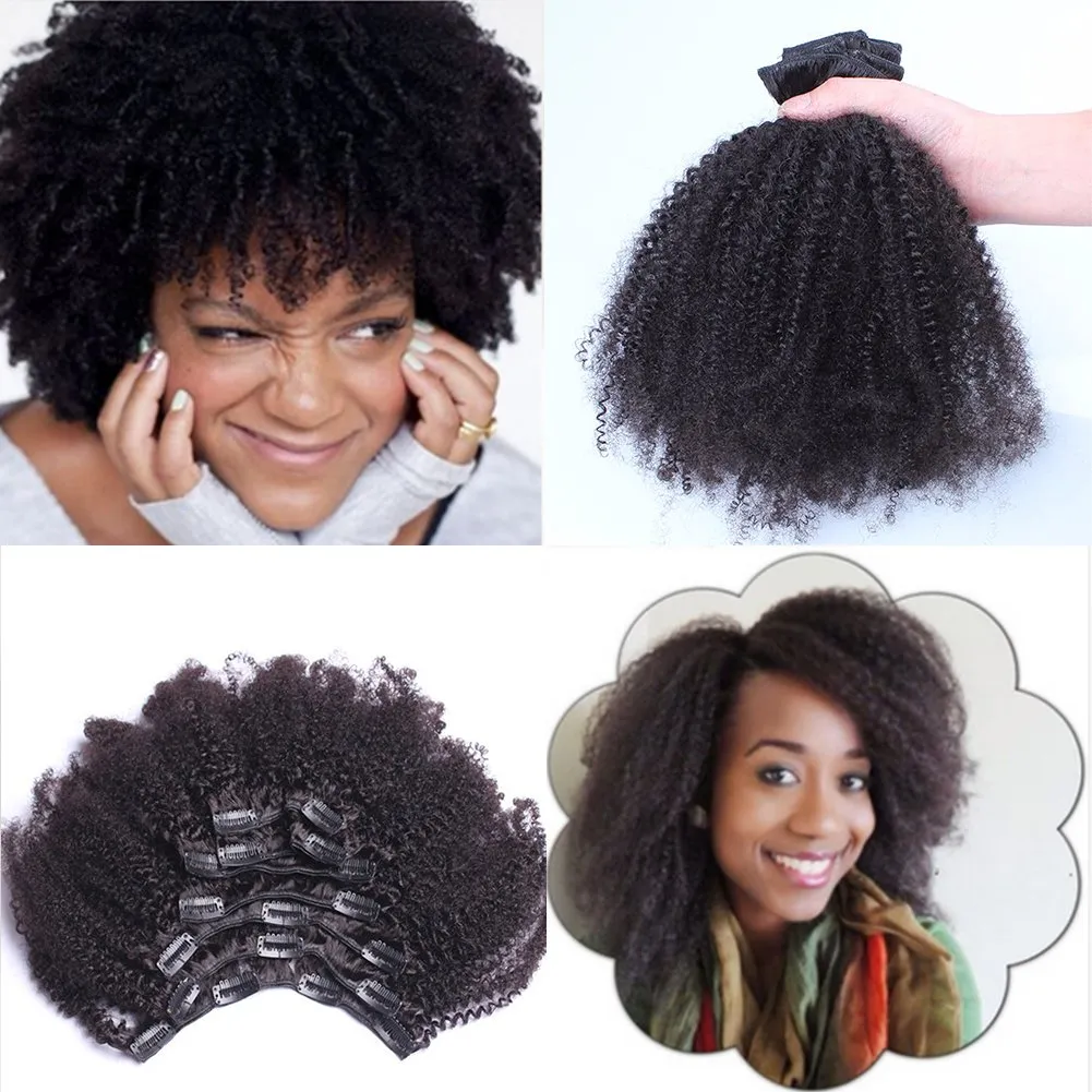 Afro Kinky Curly Hair Extensions Clip in Human Hair for Black Women 8A Brazilian 4B 4C Afro Kinky Curly Clip ins Hair Extensions Natural Color 7Pcs 120G/Set 14"inch