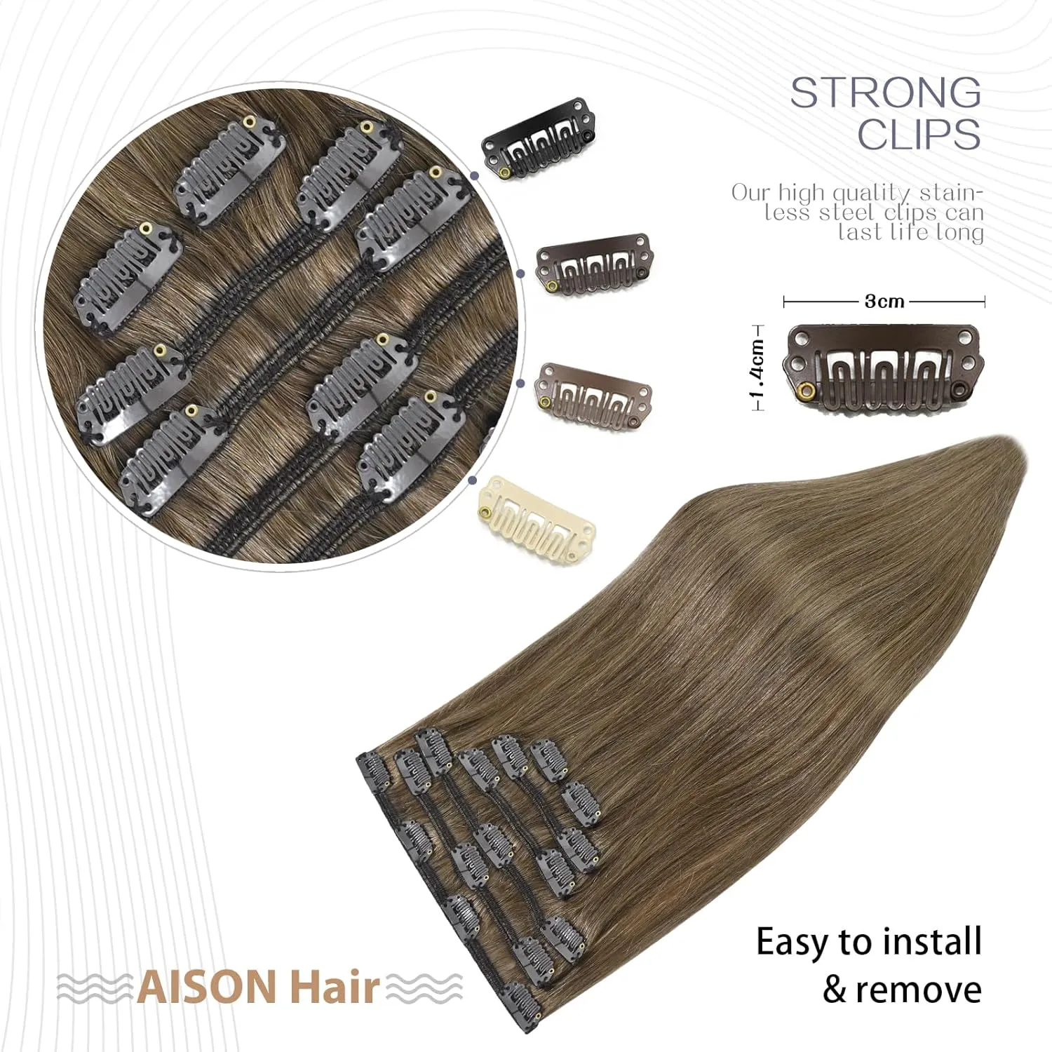 Aison Ash Brown Hair Extensions Real Human Hair Clip in 70G 100% Remy Human Hair Soft Silky Straight 7pcs 16clips One Pack (18 Inch #8)
