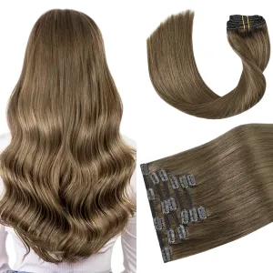 Aison Ash Brown Hair Extensions Real Human Hair Clip in 70G 100% Remy Human Hair Soft Silky Straight 7pcs 16clips One Pack (18 Inch #8)